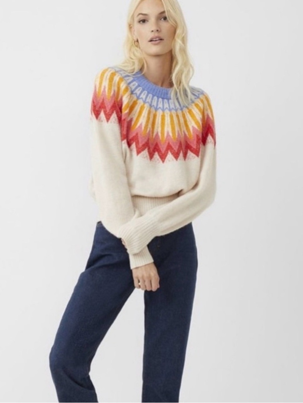French Connection Cream Fair Isle Yoke Sweater with Multicolor Yoke
